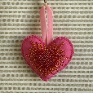 Pink Heart Ornament with Beaded Design
